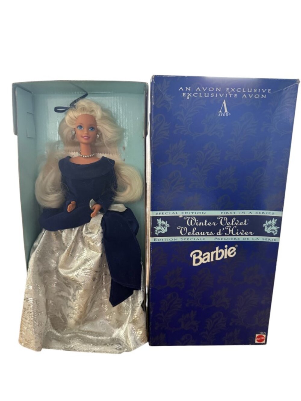 Vintage Avon Winter Velvet Barbie Special Edition Boxed Navy Silver Gown